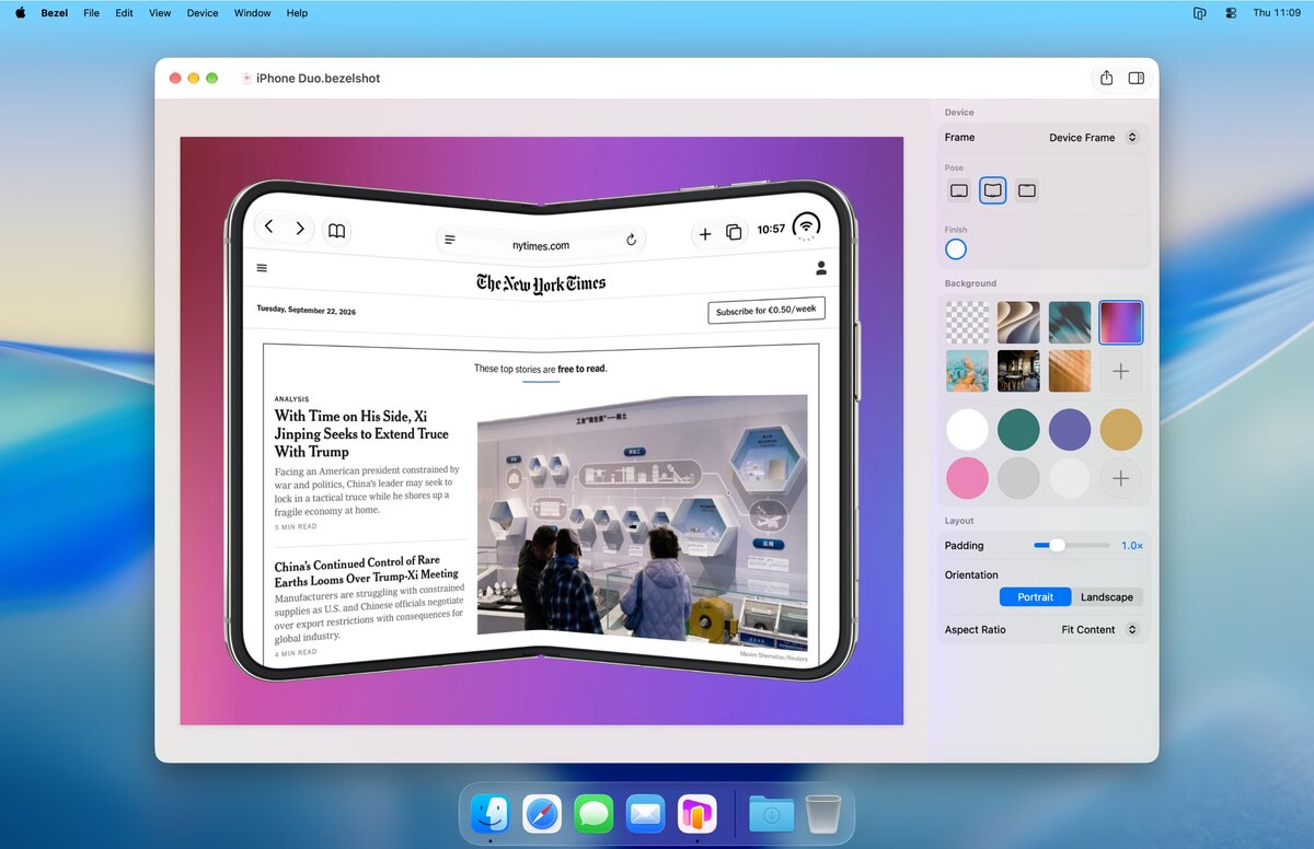 The Bezel editor on macOS framing an iPhone Duo screenshot, with pose and background options in the sidebar