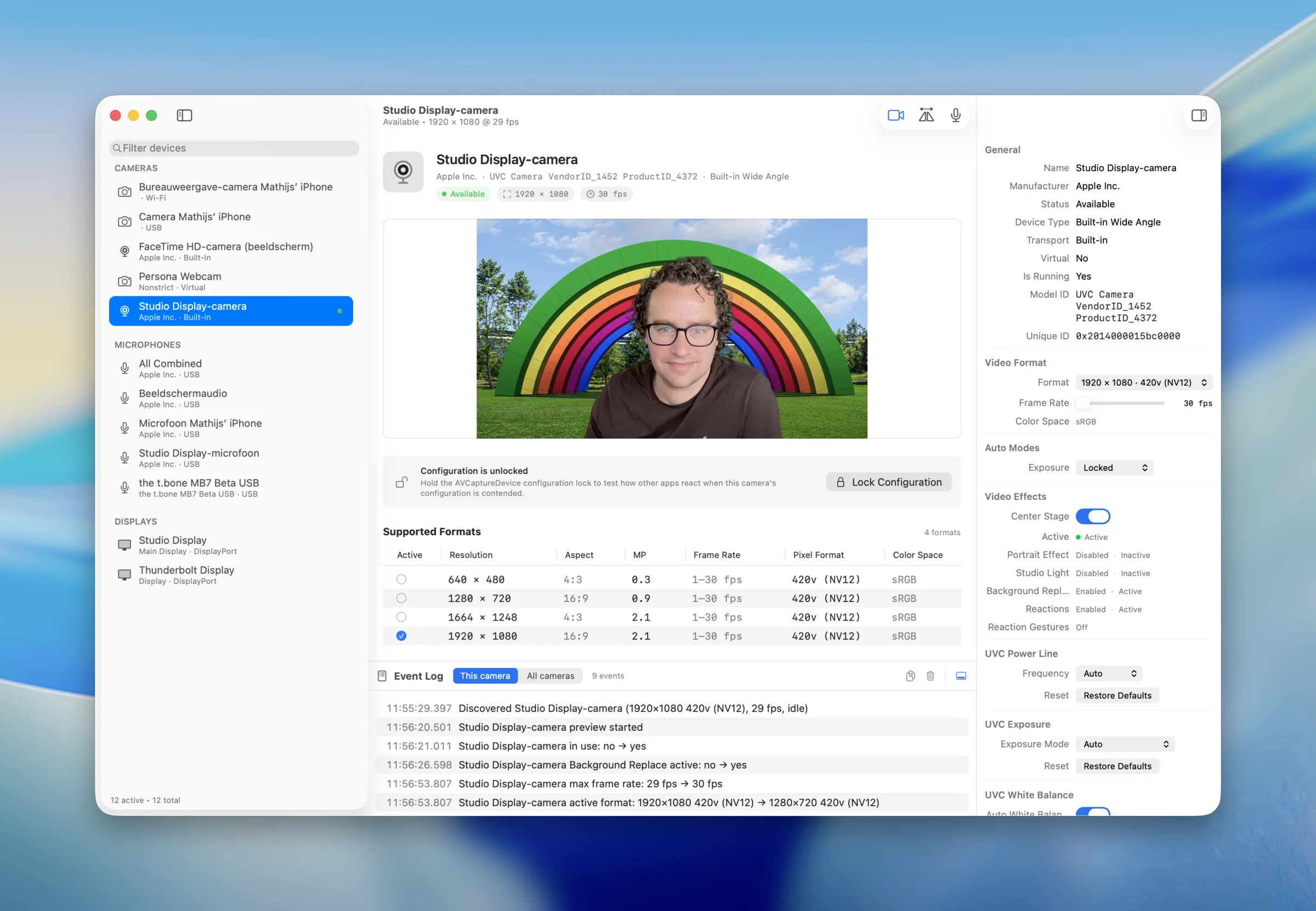 Capture Inspector on macOS showing live camera, microphone and display details