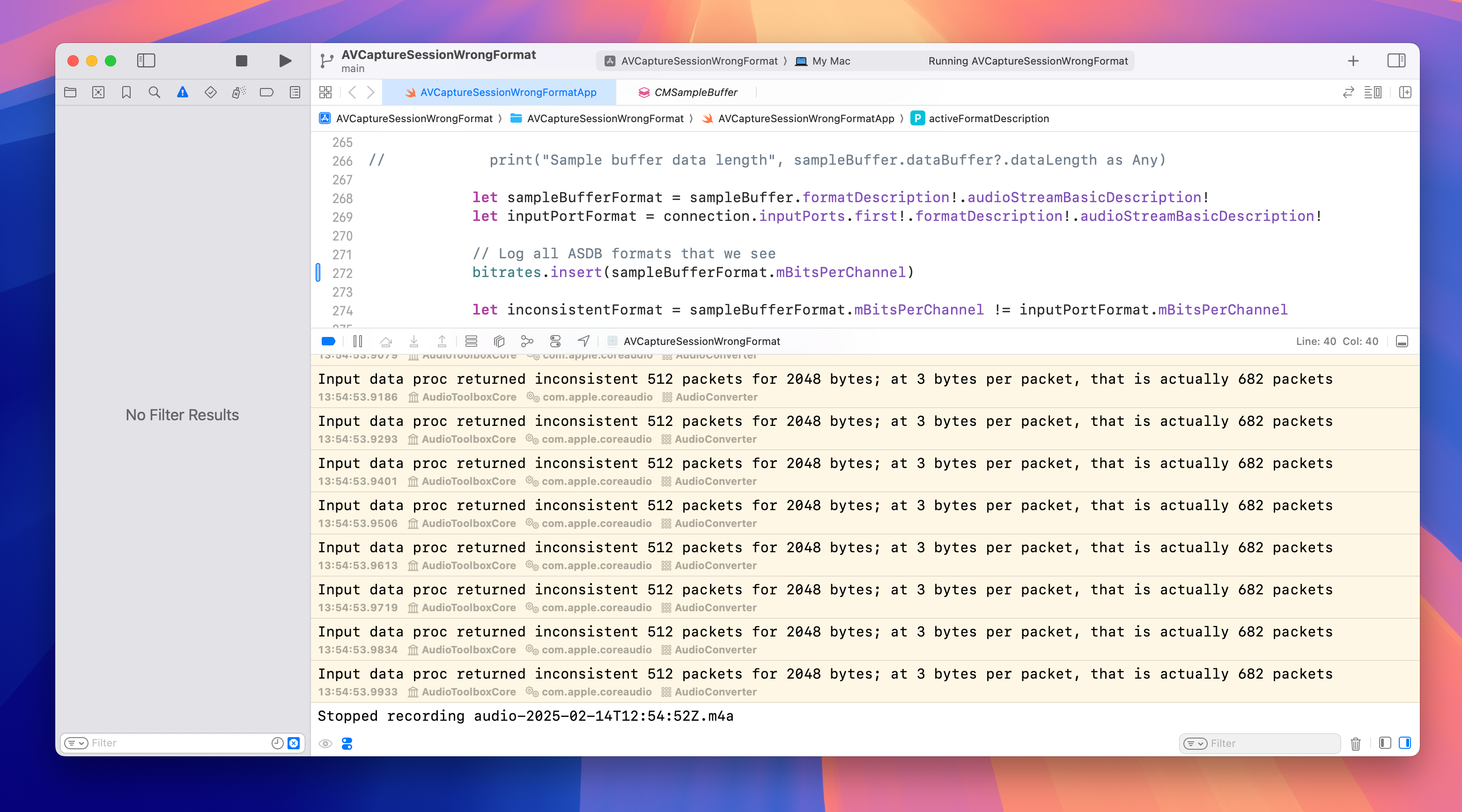 Screenshot of Xcode log filled with warnings